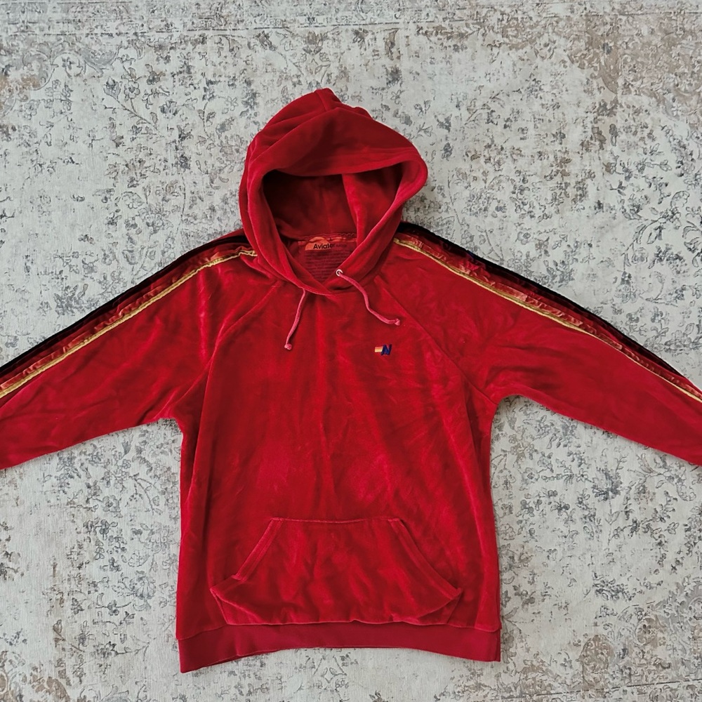 Aviator Nation vintage Red velour Hoodie with Gold and Black Stripes